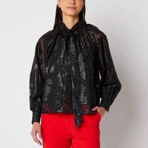 Black Floral Patterned sheer Blouse with Tie Neck